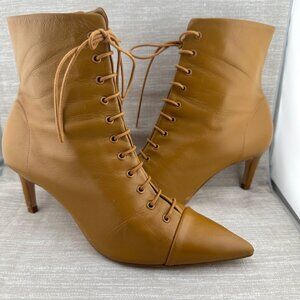 Zara Tan Pointed Toe Lace-Up Ankle Boot Women  EU 39 US 8 Made in Spain Side Zip